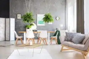 Eco-friendly home with ferns, modern furniture, and green painting