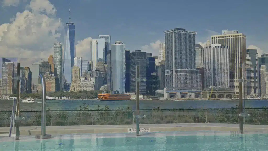 Manhattan's skyline view from the pool at QC Spa