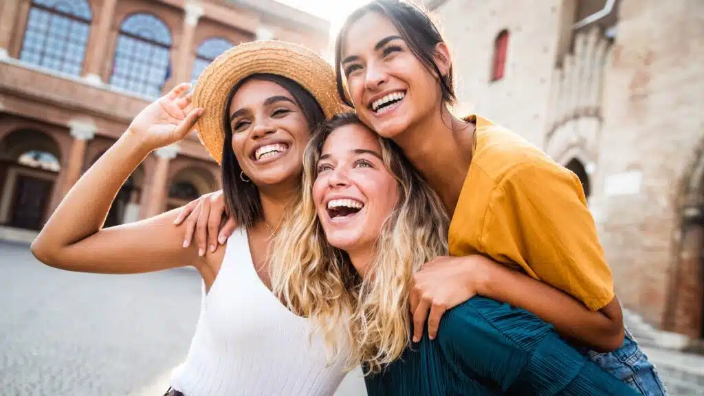 Three young multracial women looking happy