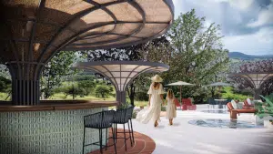 A rendering of the pool area at Origins Astral with a mother and daughter walking toward the pool.