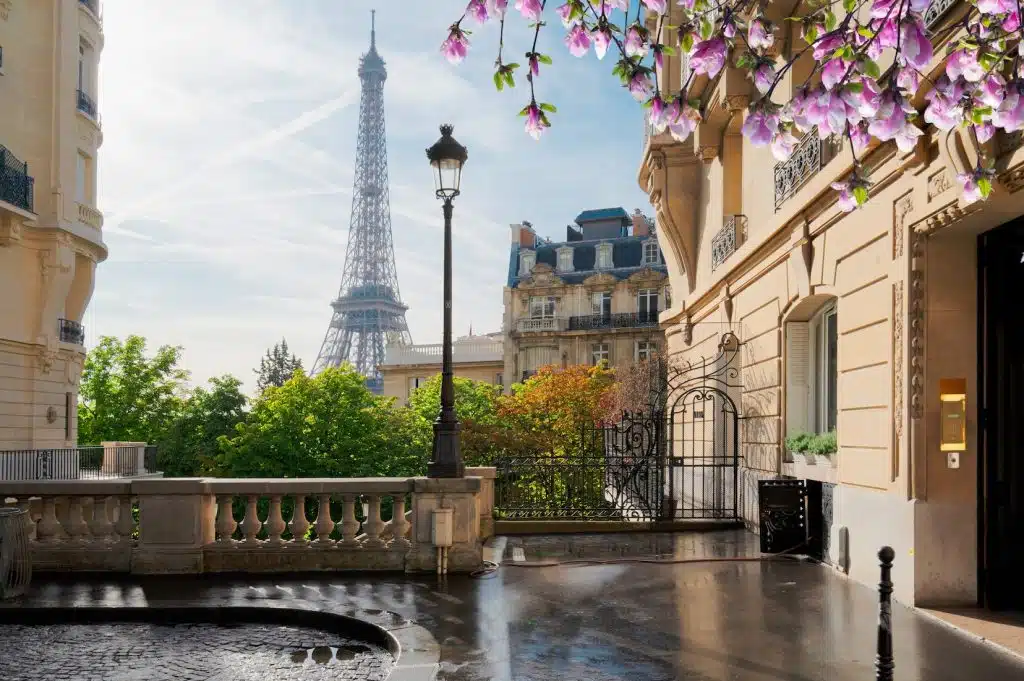 A Paris street with the Eiffel Tower in the background