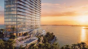 An aerial shot of the pool at The Cove, a residential tower in Miami.