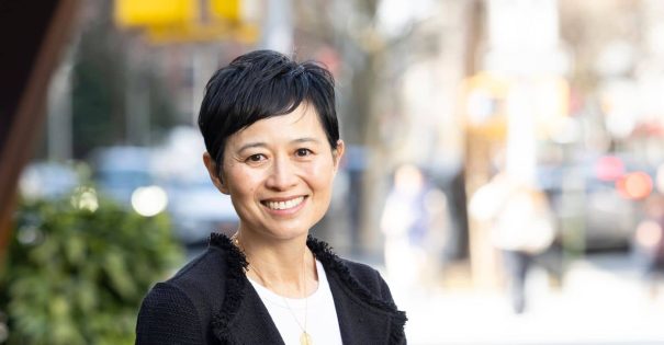 Julie Taw, M.D., sitting outside